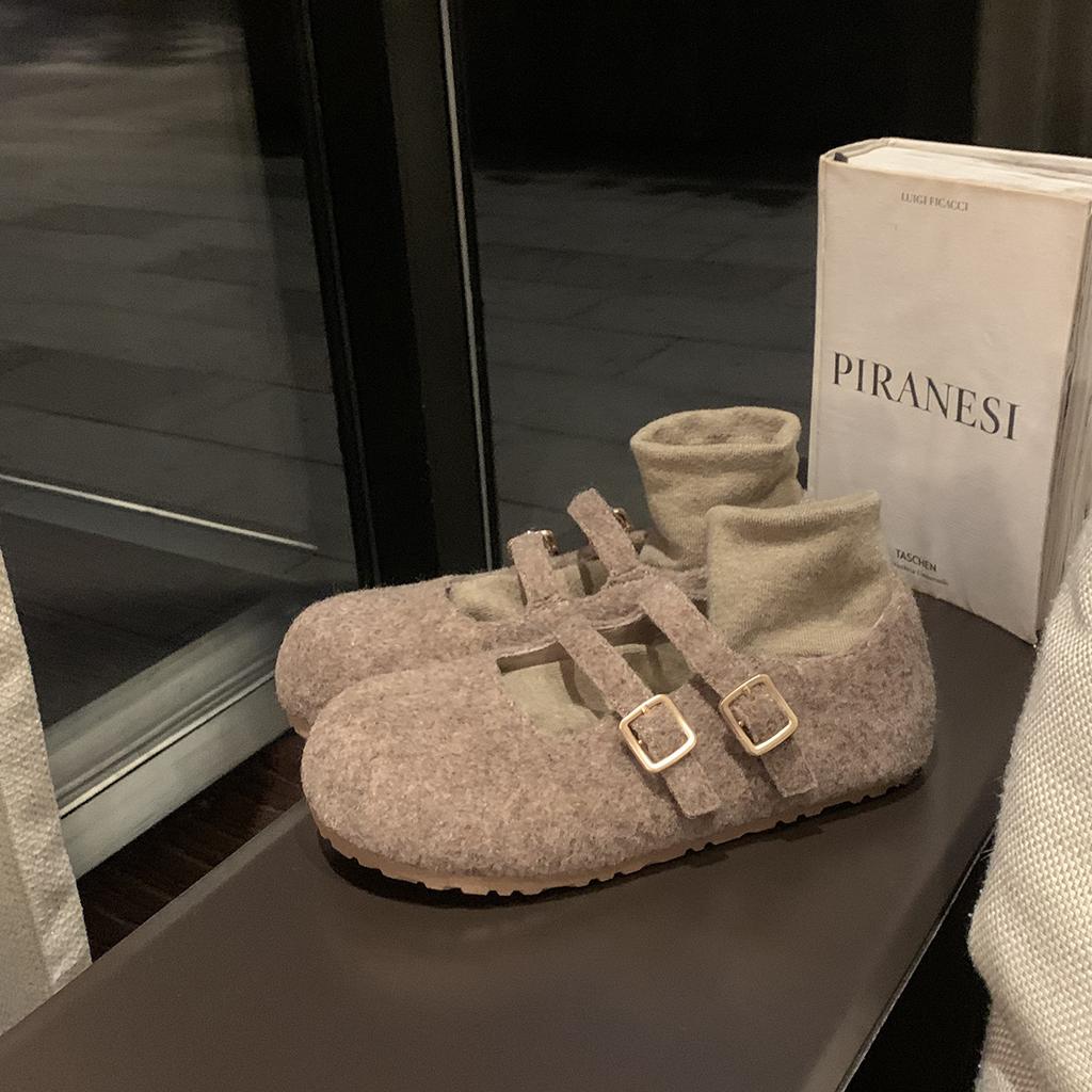 Fan Gui ~ Height Increase 3.5cm ~ Round Toe Double Buckle Birkenstock Wool Mary Jane Wool Single Shoe Girl