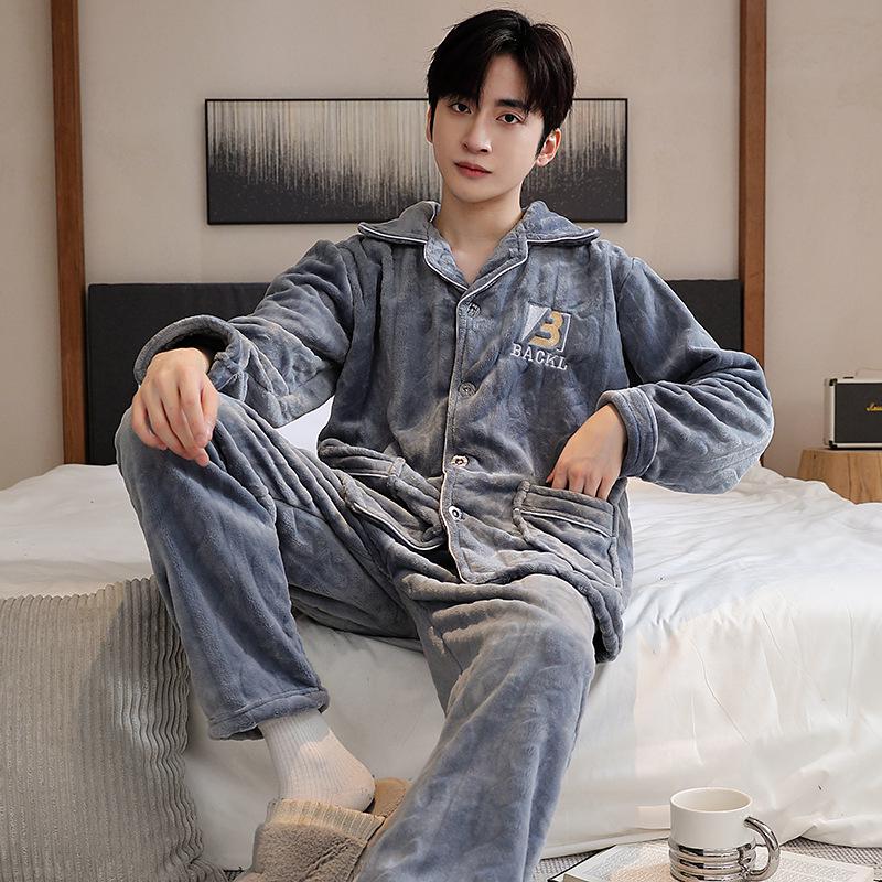 Men's Autumn/Winter Flannel Lapel Pajamas - New Arrival, Plus Velvet, Thickened Coral Fleece Homewear