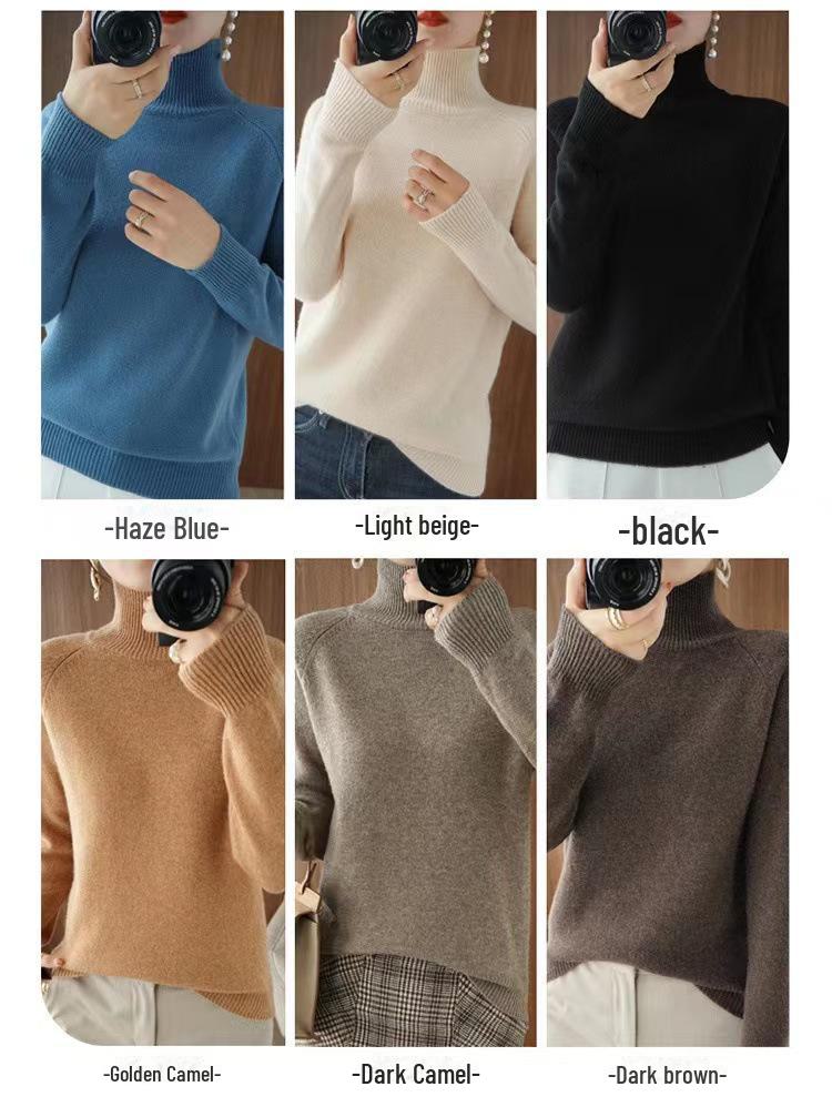 Women's Cashmere High Collar Pullover Sweater - Autumn/Winter 2023 Loose Knit, Solid Color 