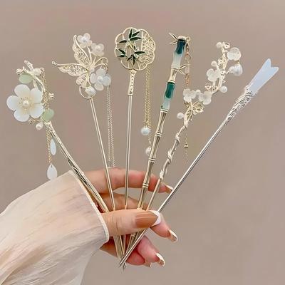 Elegant hårklämma med tofs i kinesisk stil Hårpinne Traditionell blommig design Håraccessoar Dam Smycke Hårnål Hårnål