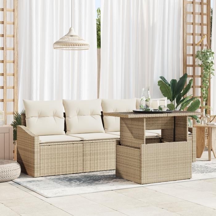VidaXL Ensemble de Jardin 5 Pièces avec Coussins Beige Poly Rattan 3348907