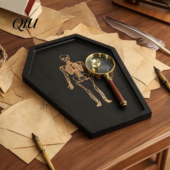 Waterproof Bathroom Counter Organizer Halloween Gothic Serving Tray with Engraved Skeleton, Wooden Charcuterie Board, Casket Spooky Party Snack Shape