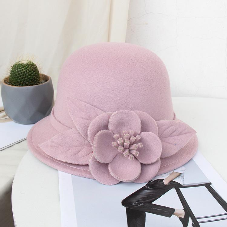 New Hat Women's Autumn and Winter British Woolen Woolen Pot Hat Fashion Flower Bucket Hat Warm Felt Top Hat