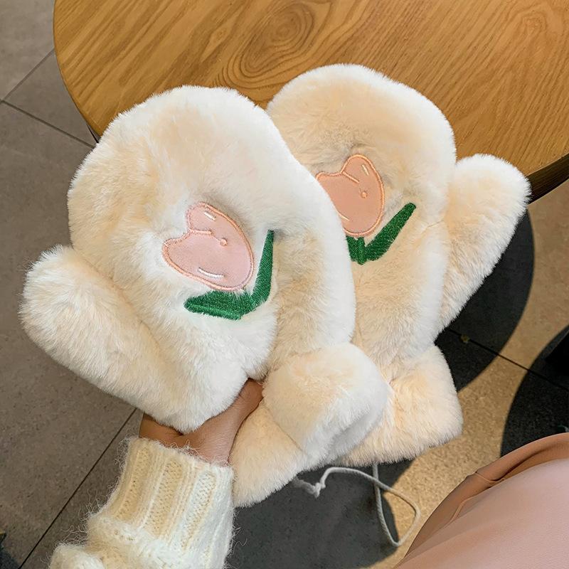 

Tulip Plush Gloves Winter Korea Cute Girly Heart Cartoon Warm Cycling Plus Velvet Thickened Gloves One Size