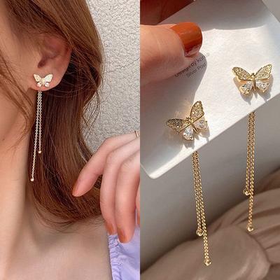 Simple One Or Two Wearing Diamond-Encrusted Butterfly Fairy Tassel Long Temperament Light Luxury Stud Earrings
