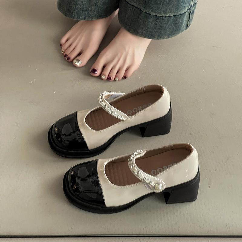Retro Temperament Pearl Single Shoes Round Head Mary Jane Small Leather Shoes Women's Summer New Color Matching