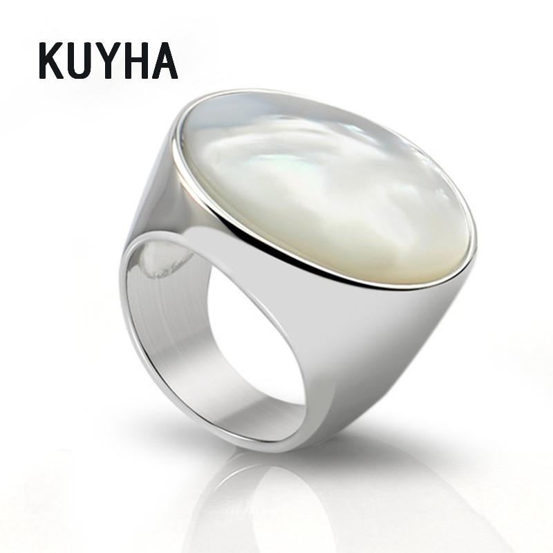 

Vintage Simple Big Round Ring Stainless Steel Jewelry Delicate White Pearl Opal Stone Wedding Engagement Rings for Women 9