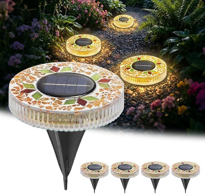 New Solar Outdoor Mosaic Round Disk Light Upgraded Waterproof Colored Glass LED Stake Light Garden Yard Decoration Auto-Sensing Color Change