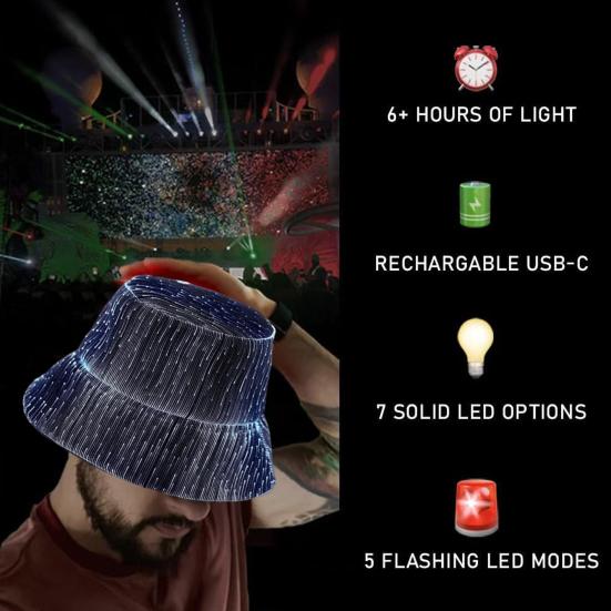 LED Fisherman Hat Neon Rave Bucket Cap 7 Colors Glow