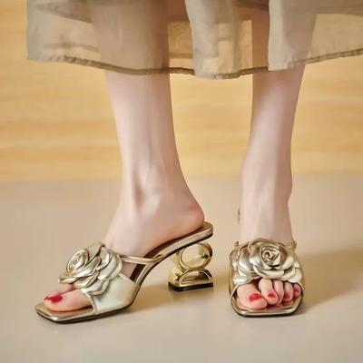Damenschuhe 2025 Neue Sommer Mode Blumen Schwarz Beige Gold Kleid Party Hochzeit Weibliche Sandalen Große Größe