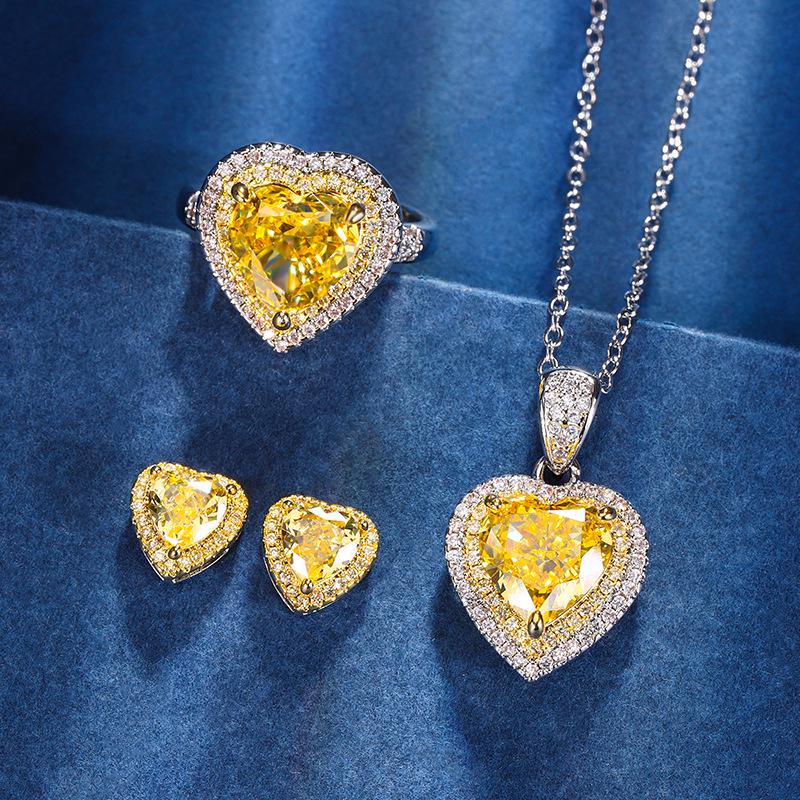 Heart-Shaped Ice Flower Cut Yellow Diamond Jewelry Set in Copper - 10*10-6*6 High Carbon Diamond for Autumn/Winter.