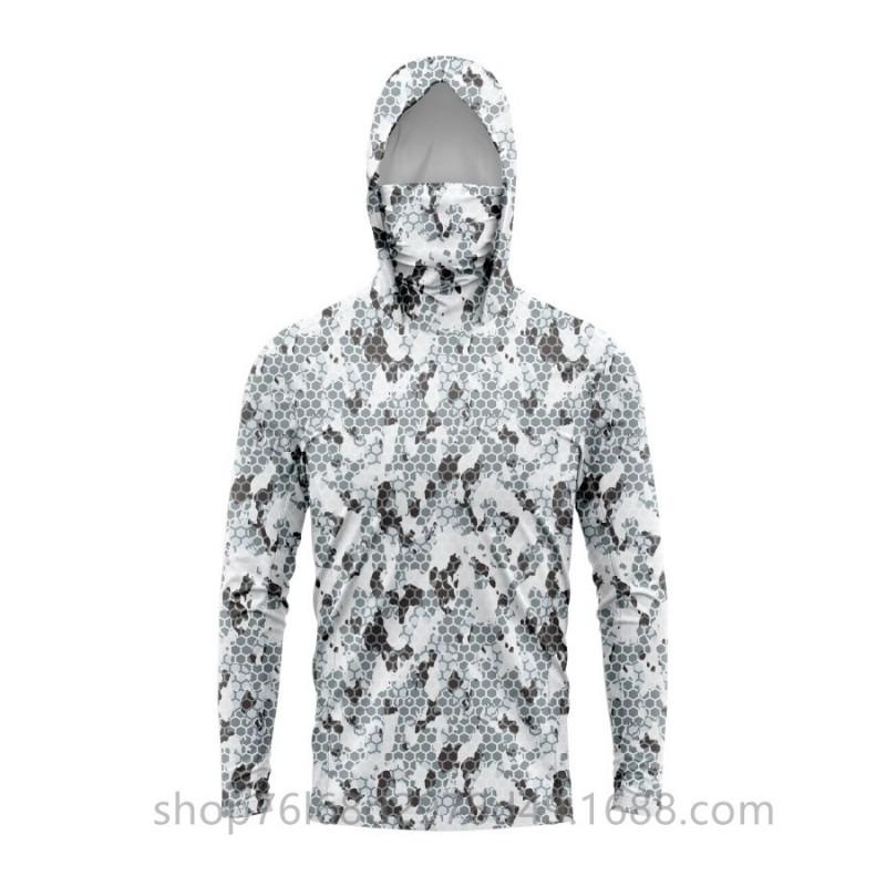 Mens Quick-Dry Ice Silk Long Sleeve Fishing Shirt With Hood Integrated Face Cover UV Protection Outdoor Sunproof Apparel