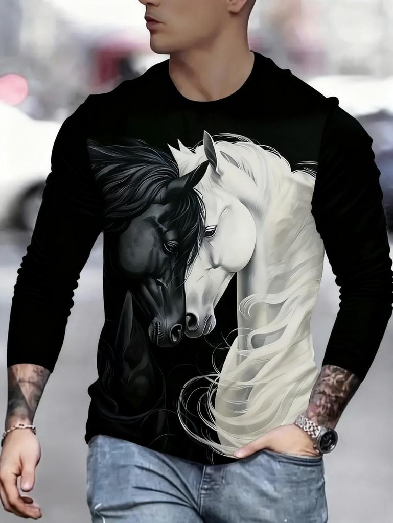 Men's T-Shirt Running Horse Graphic 3D Print Fashion Long Sleeve Crew Neck Unisex Tee Shirt Casual Summer Personality Men's Top