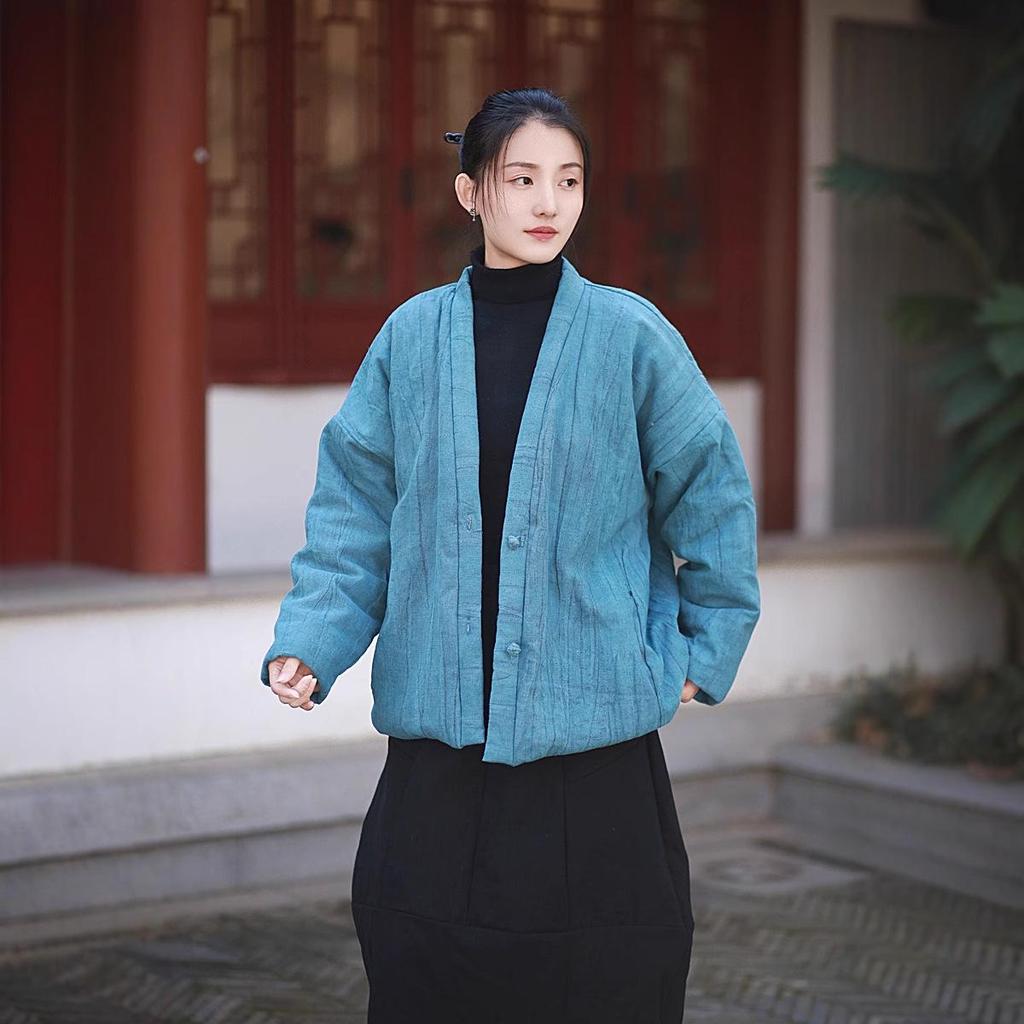 Vintage Chinese Tie-Dye Winter Cotton Coat with Buttons and Ramie Quilting