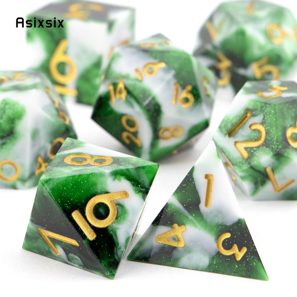 7 Pcs White Green Resin Golden Number Sharp Edge Dice Polyhedral Dice Suitable for Role-Playing RPG DND Pathfinder Board Game
