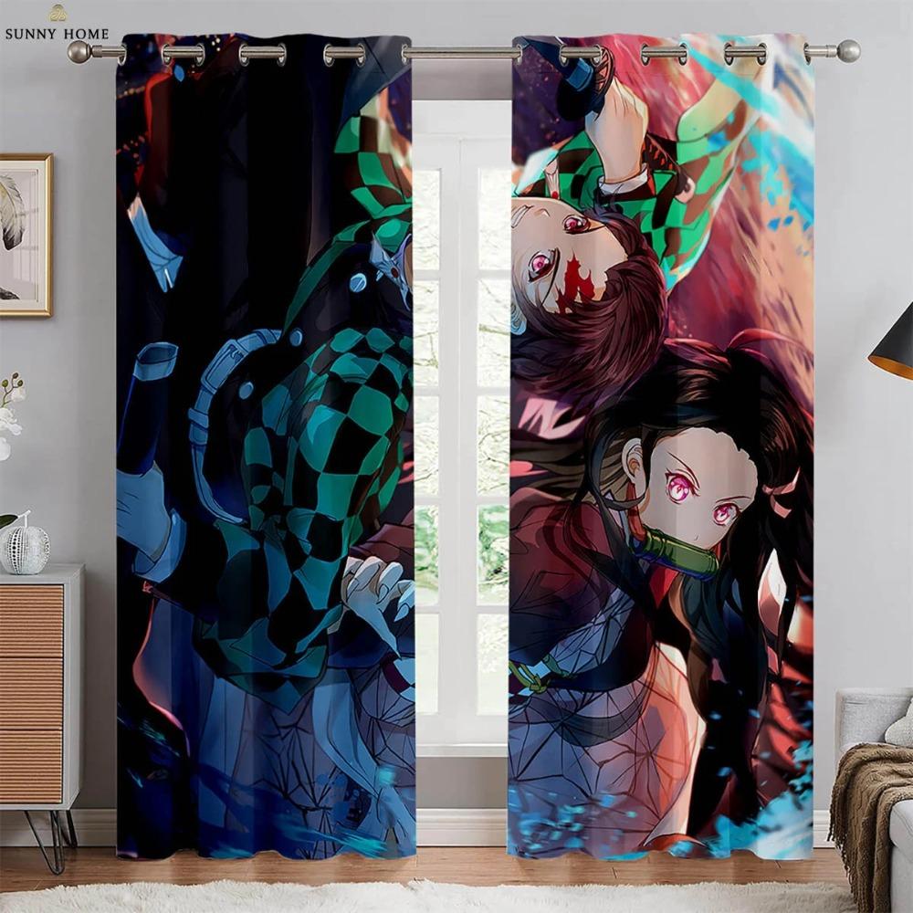 Hot-Blooded Anime Cartoon Style Print Print Window Curtains Black Silk Light Blocking Window Curtains Bedroom Space Living Space Study Kitchen