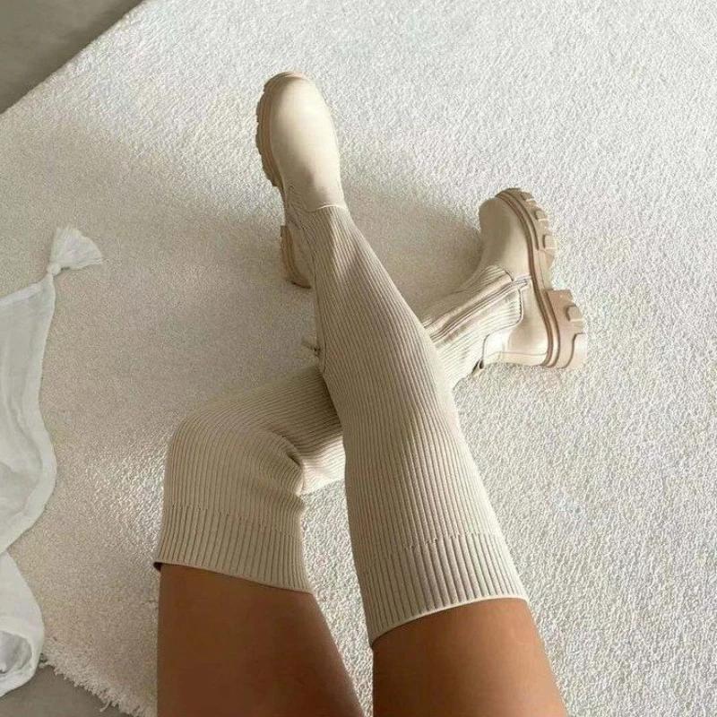 2026 New Women's Boots Designer Sexy Platform Shoes Knitted Elastic Long Boots Fashion Breathable Women Casual Boots Botas Mujer