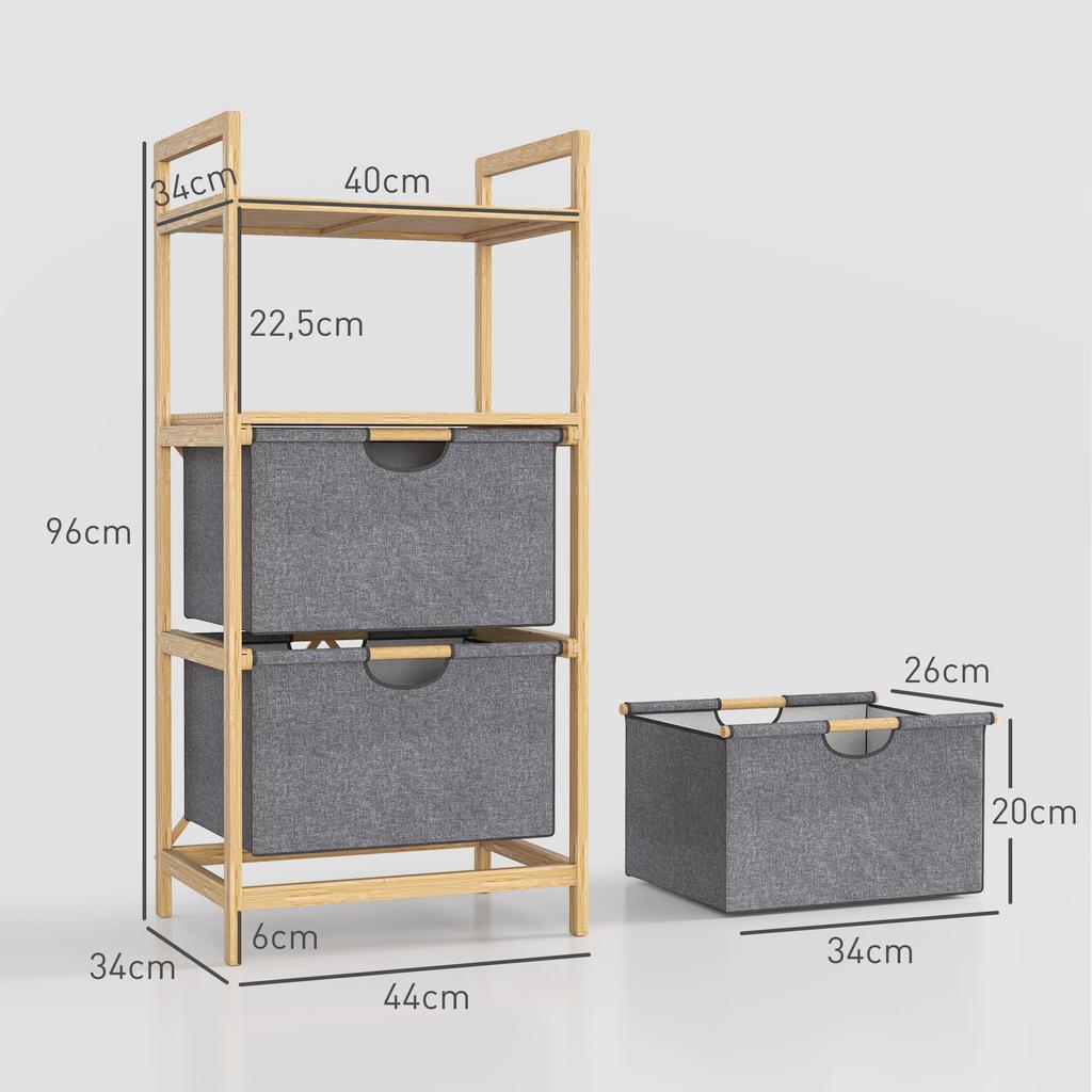 Bamboo Laundry Shelf with 2 Fabric Laundry Baskets, Open Shelves, Space-Saving, Natural Wood