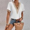 Fashion Women Summer Solid Color T-Shirts Hollow Out Design Lace V-Neck Short Sleeve Casual Loose Pullovers Tops Tees