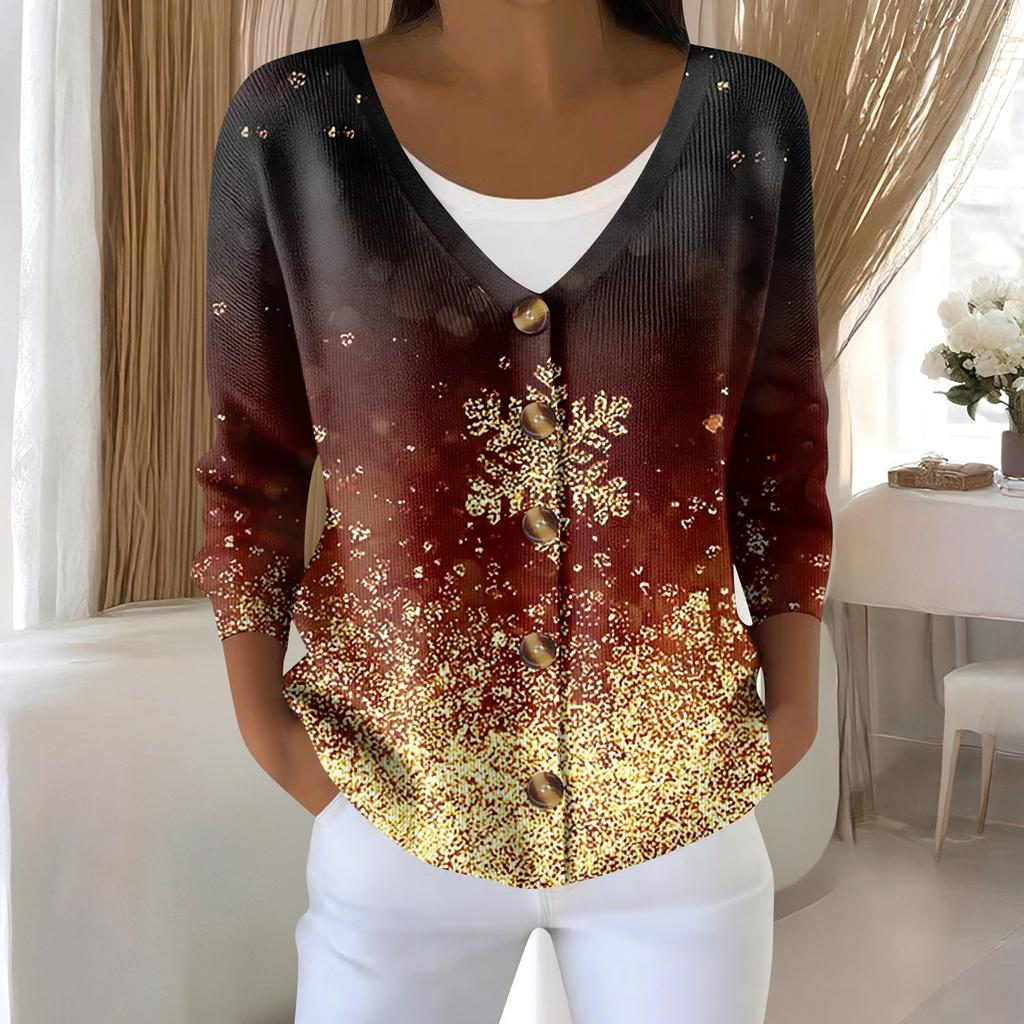 Women's Fashion Long Sleeve Christmas Snowman Snowflake Print Jacket Cardigan