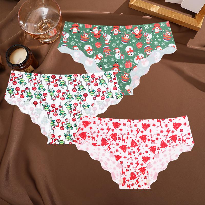 FINETOO 3 buc/set Chiloți pentru Moș Crăciun cu fulg de zăpadă de Crăciun, lenjerie de corp sexy respirabilă pentru damă, cu model ondulat, chiloți Crăciun fericit