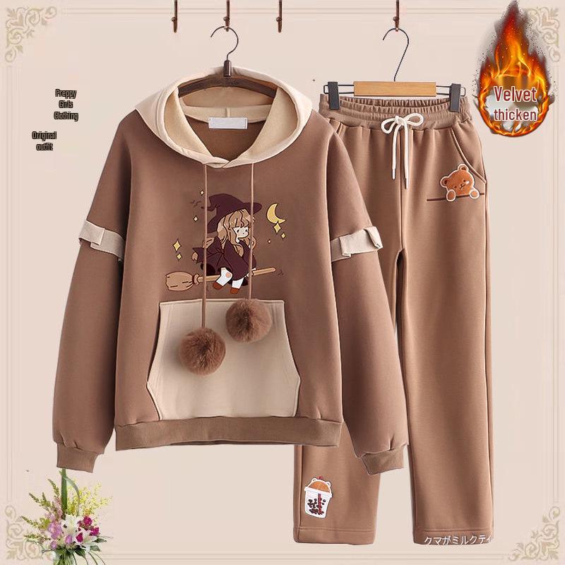 Podzimní/Zimní Sametová Zesílená Dvoudílná Sada pro Dívky (Věk 12-15): Mikina a ležérní sportovní oblečení