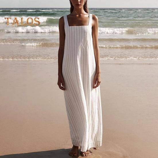 Καλοκαιρινό Γυναικείο Αμάνικο Ηλιοφόρεμα με Τετράγωνη Λαιμόκοψη, Ριγέ, Φαρδύ, Α-γραμμής, Μάξι Μήκος Αστραγάλου, Παραλίας, Μακρύ Φόρεμα για Καθημερινή Χρήση, Μετακίνηση, Ραντεβού