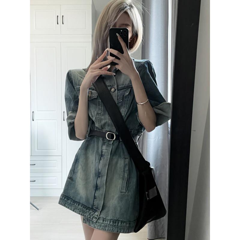 2023 European Design Slimming Denim Shirt Dress with Short Sleeves and a Turn-Down Collar
