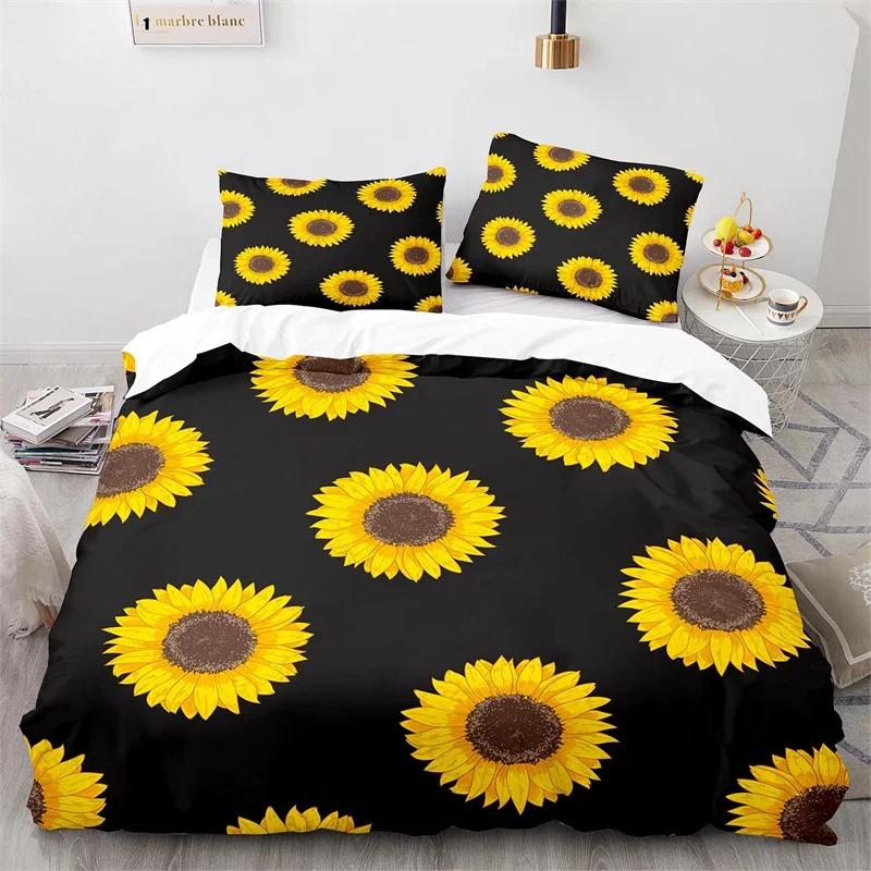 Sunflower Duvet Cover Botanical Floral Leaves Comforter Cover Twin King Size For Girl Women Microfiber Yellow Flower Bedding Set