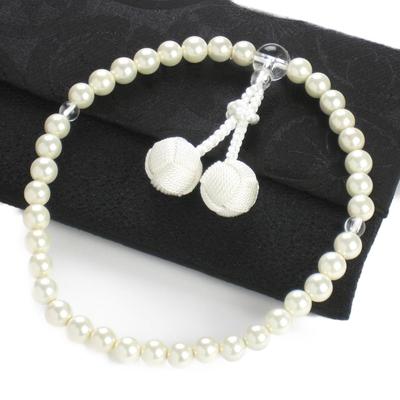 Nenjudo Made In Japan Women's White Shell Pearl Prayer Beads with Durable, Crumpled Tassels Includes Original Chirimen Prayer Bead Bag (with Crest