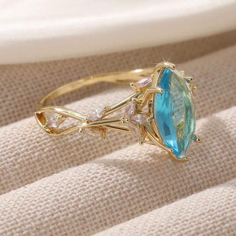Gorgeous Gold Color Sea Blue CZ Women's Ring Hang Carving Geometry Daily Wear Party Jewelry