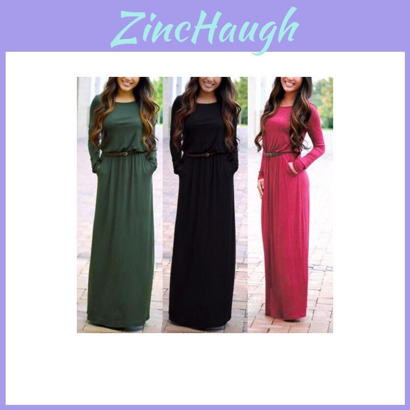 Women Fashion Casual Long Sleeve Belted Party Evening Cocktail Long Maxi Dress