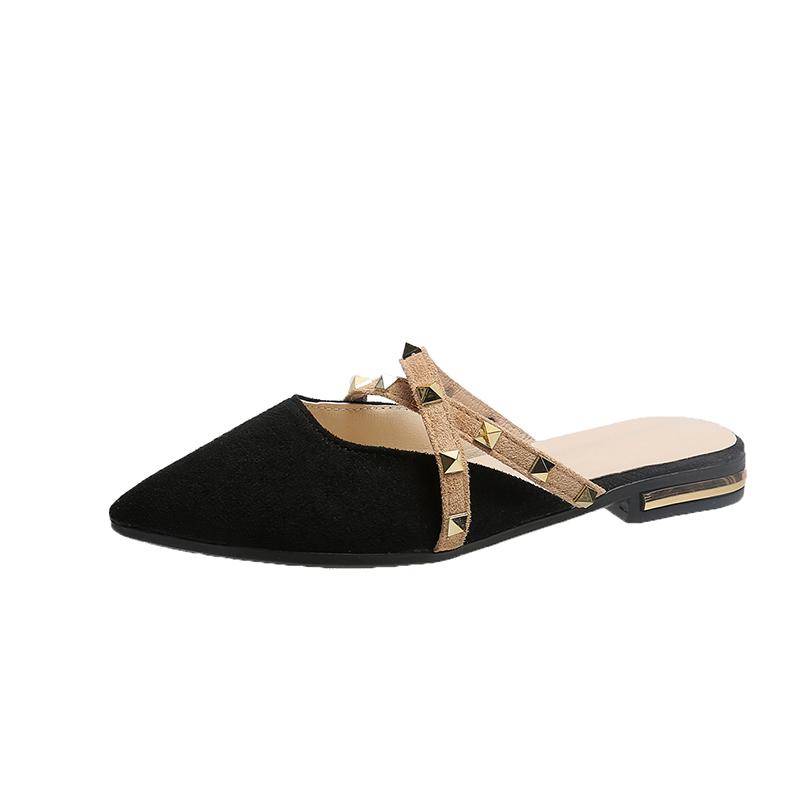 

Модные шлепанцы с закрытым носком Лето Новые Остроносые На плоской платформе Массивный каблук Женские шлепанцы с заклепками Модные На низком каблуке Обувь слипоны Женские мюли 40 чёрный