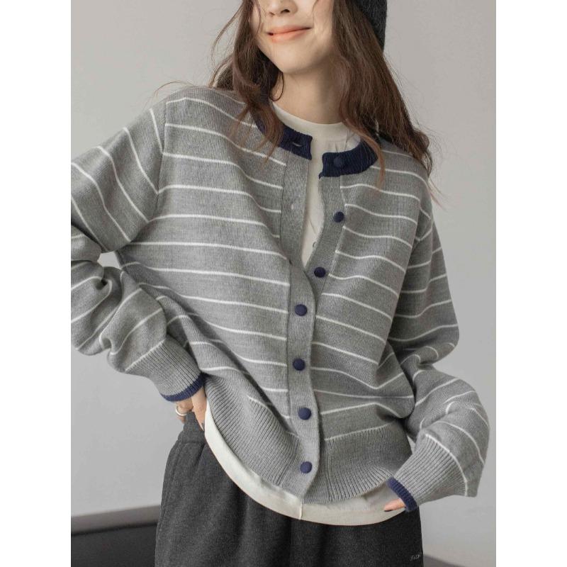 Autumn Korean O-neck Striped Cardigan Women Sweater Fashion Casual Long Sleeved Loose Knitted Jacket Office Elegant Tops Simple Clothes