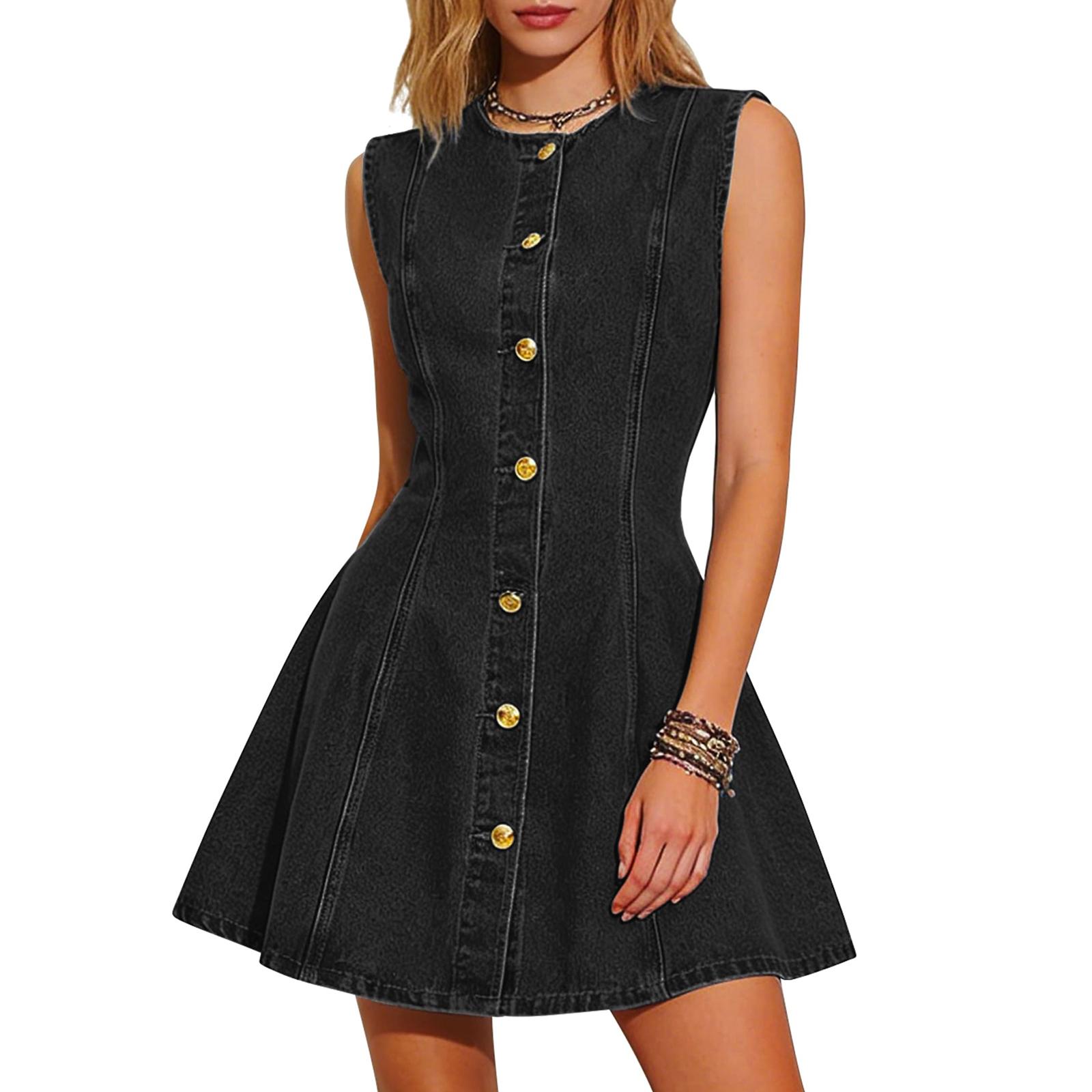 Women Sleeveless Denim Button Front Dress Casual Round Neck A Line Mini Dress Summer Lightweight Jean Dress S