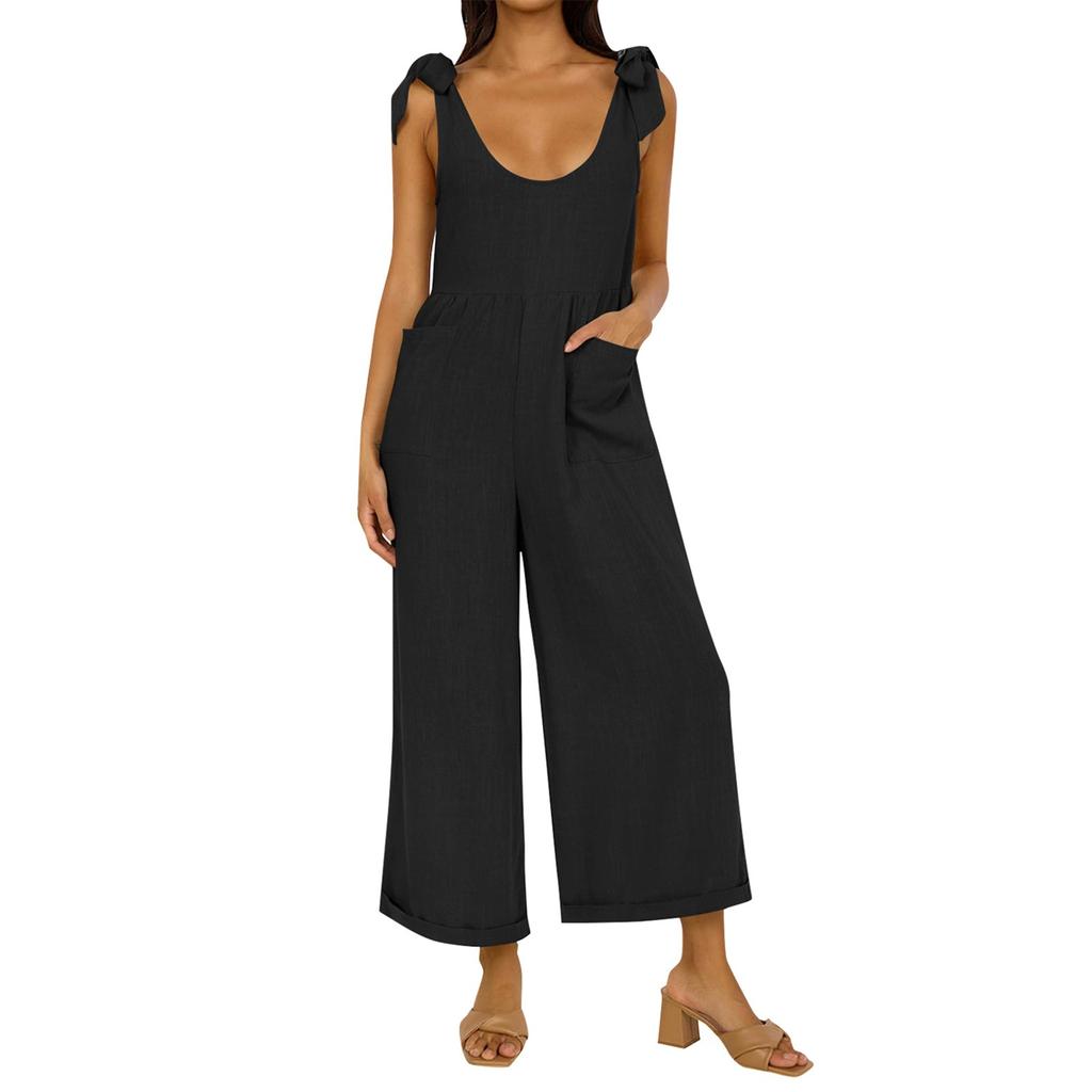 Women Fashion Summer Casual Up Sleeveless Loose Wide Leg Jumpsuit