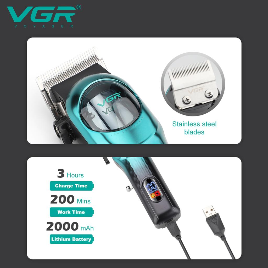 VGR 166 Professional Intelligent Digital Rechargeable Hair Clipper with Gradient Ribbon Base Adjustable Electric Push Shear Hair Clipper Shape Carving