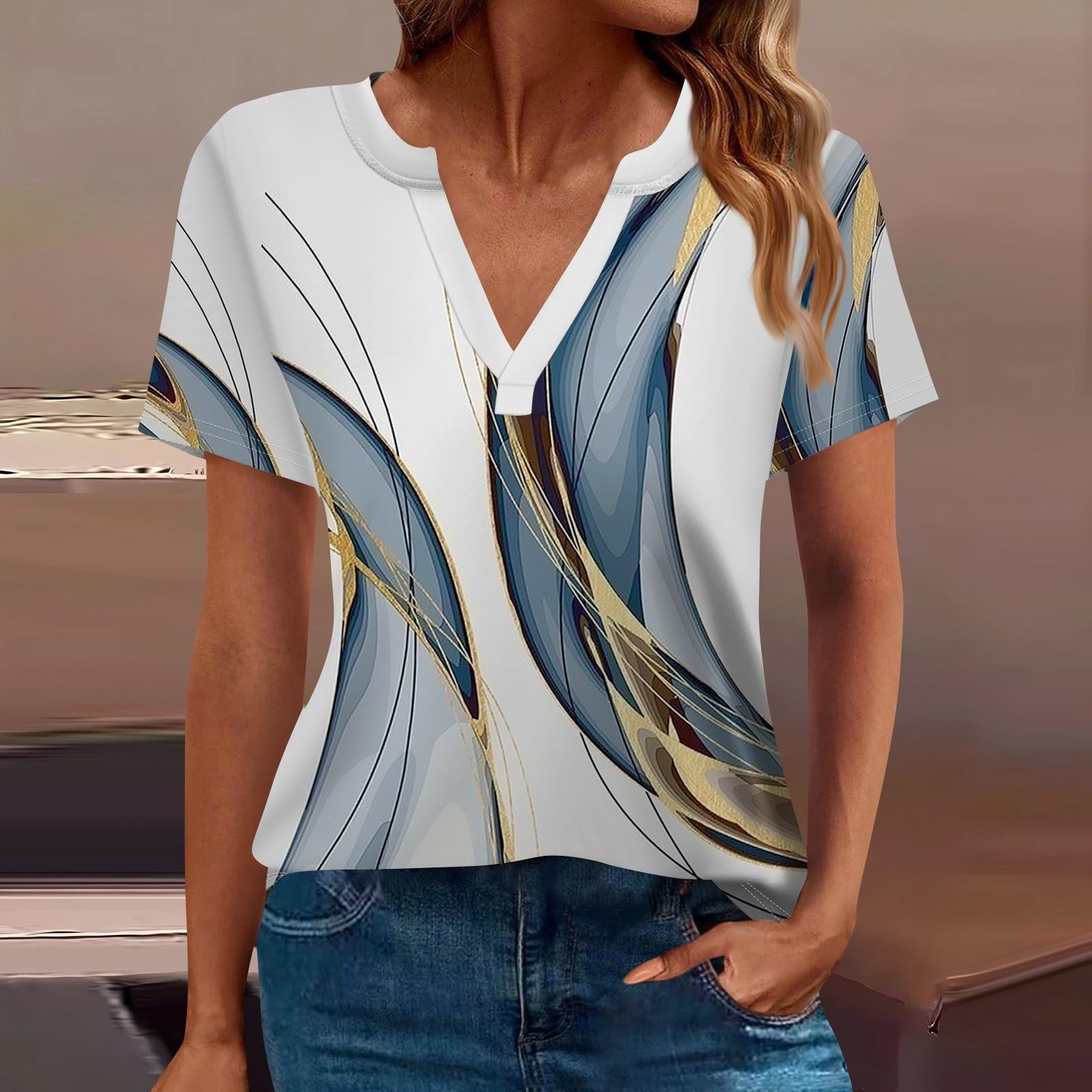 

Женская футболка Футболка с принтом с коротким рукавом Повседневные выходные Мода Базовый топ с V-образным вырезом Обычный топ S