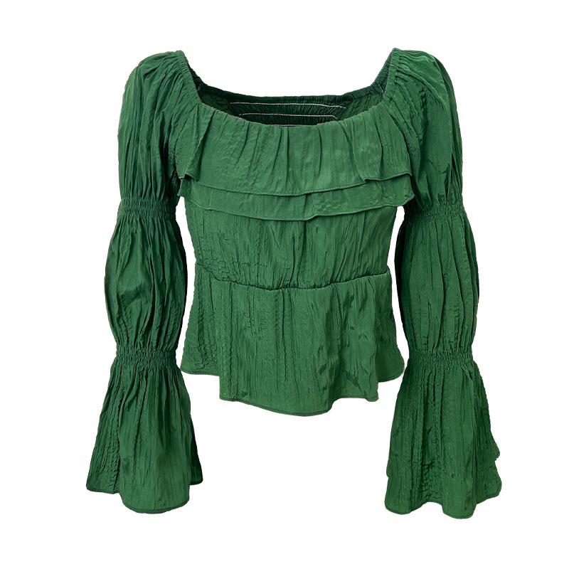 

Женский пуловер с оборками, рукавами-колокольчиками и кулиской, облегающий, для ранней осени 80068 One Size зелёный