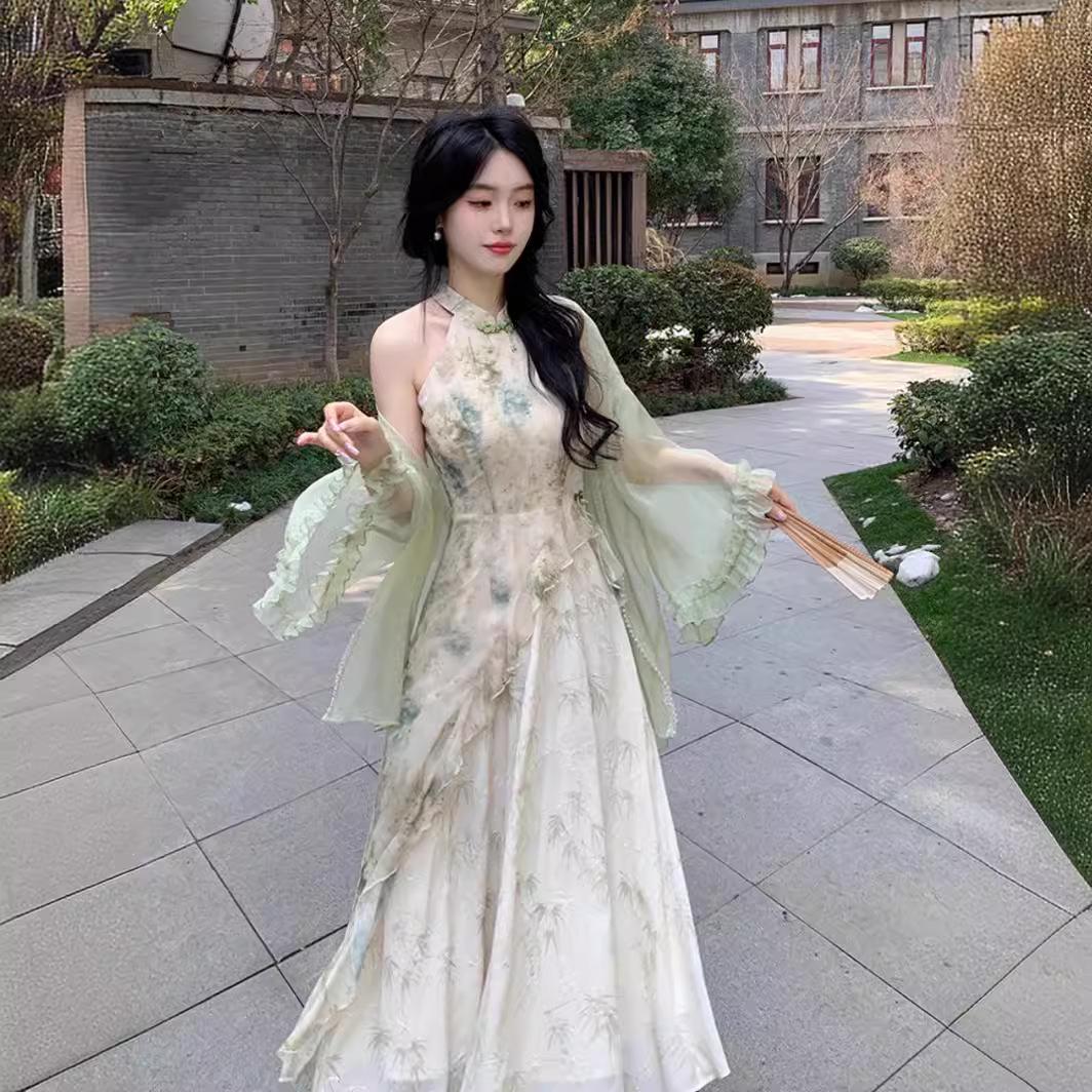 

Летний женский комплект платья чонсам в китайском стиле большого размера с халтером S