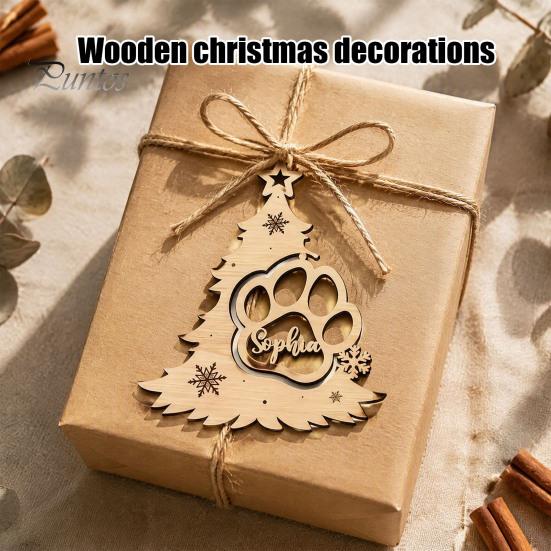 Wooden Christmas Tree Ornaments Wood Pendant with Paw Print, Hollow Engraved Hanging Holiday Gifts for Pet Lovers Ornament, Rustic Style Craft