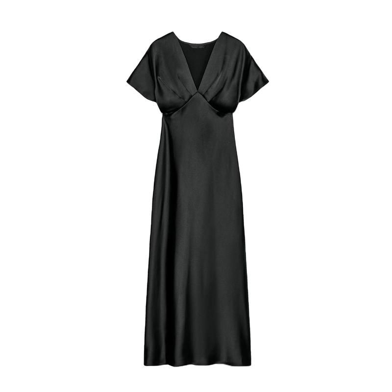 Spring New Women's Clothing French Style Elegance Silk Satin Texture Short Sleeve V-neck Midi Skirt Dress 2330399