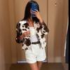 Womens French Style Irregular Animal Print Short Jacket Street Fashion Button Front Coat