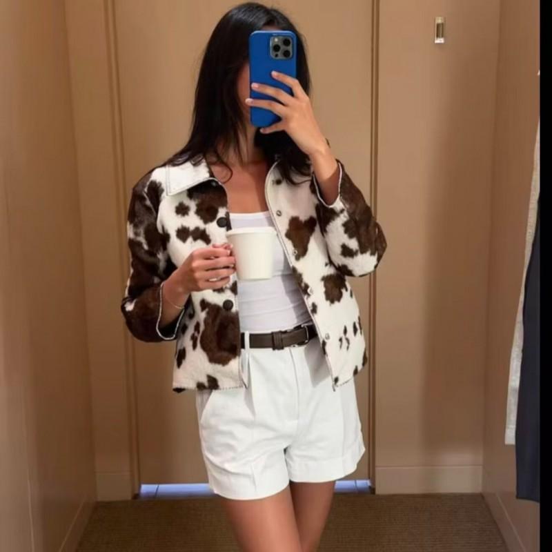 Womens French Style Irregular Animal Print Short Jacket Street Fashion Button Front Coat