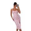 Foundation floral waist medium-length dress, side drawstring split suspender skirt