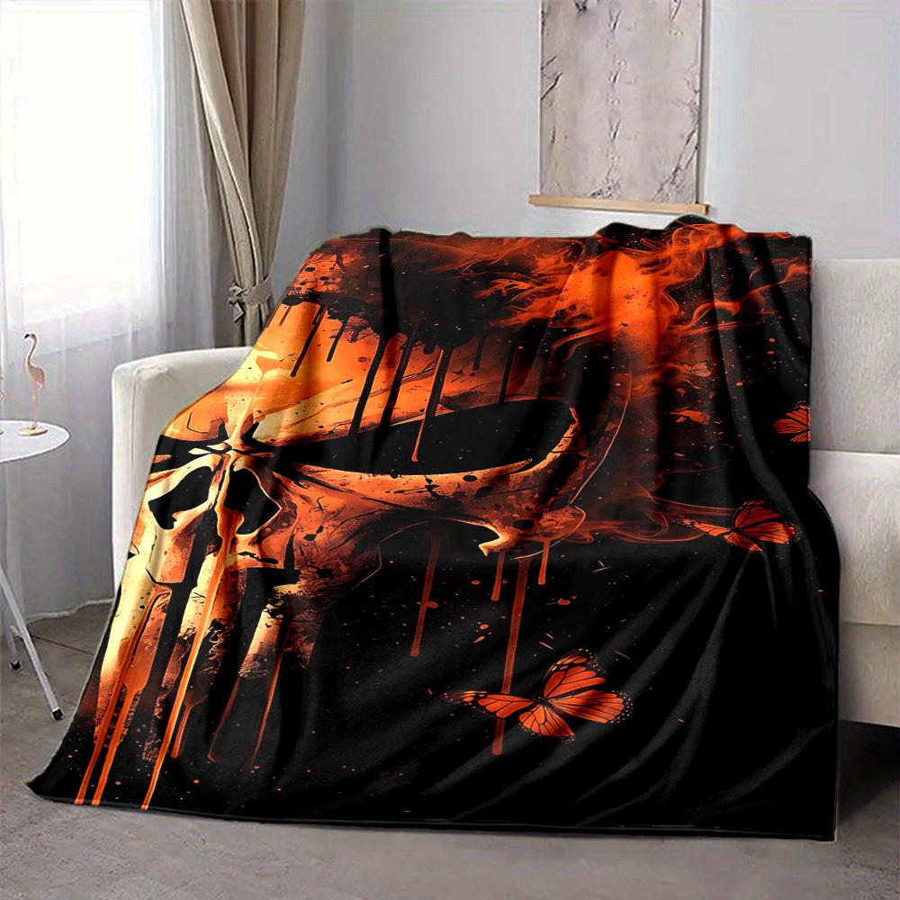 1pc Punisher Butterflies Skull Blanket, Lightweight Flannel Throw Blanket for Sofa, Bed, Travel, Camping, Living Room, Office, Couch016