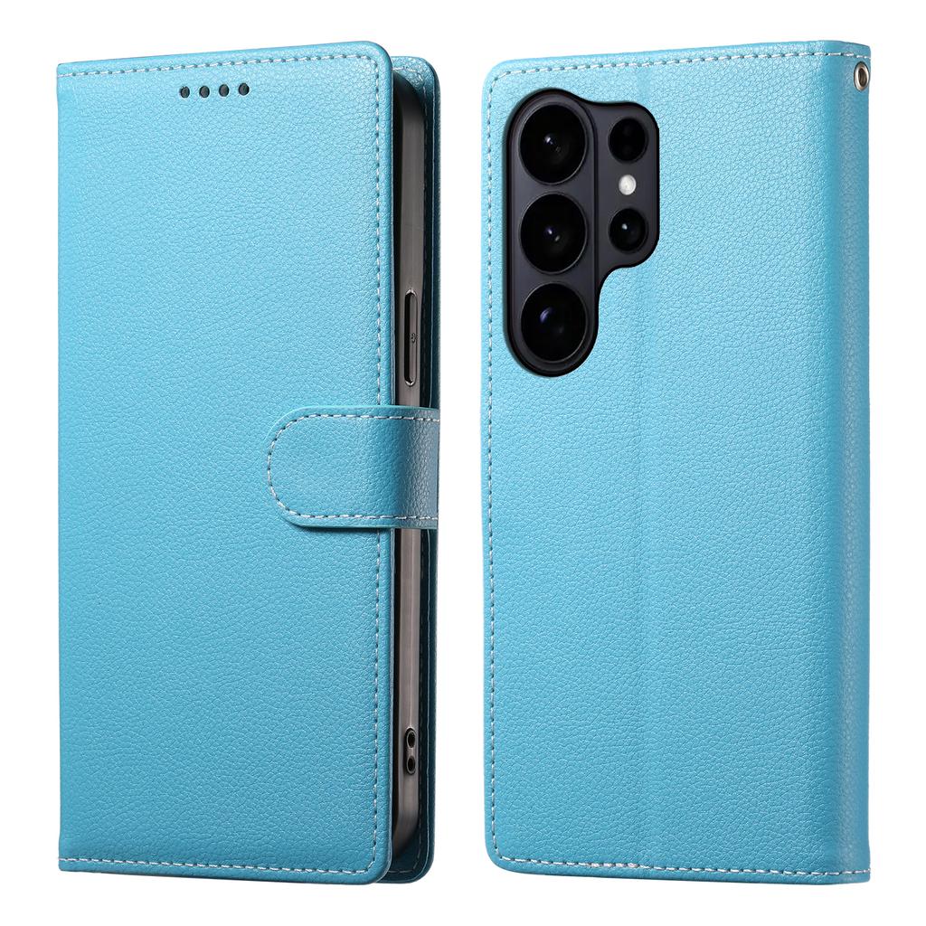 For Samsung Galaxy S26 Ultra Case Magnetic Snap Litchi Texture Leather Wallet Phone Cover with Wrist Strap