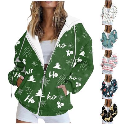 Women's Fashion Casual Christmas Print Long Sleeve Sweatshirt Pocket Jacket Zipper Hoodie Coat