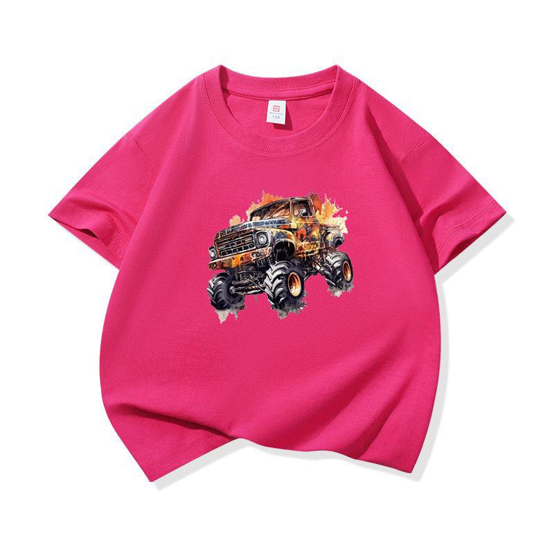 Kids Cotton T Shirt Vintage Watercolor Offroad Truck Print Crew Neck Short Sleeve Tee Casual Breathable Boys Girls Summer Tops