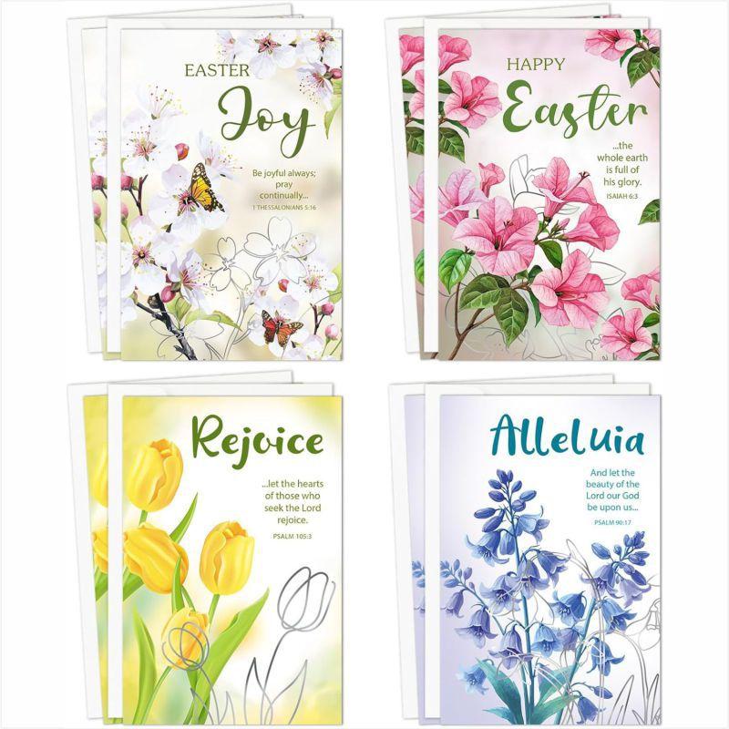 8Pcs Spring Floral Easter Cards Blank Foldable Greeting Card with Envelopes, Easter Gifts Blessings Holiday Greeting Card